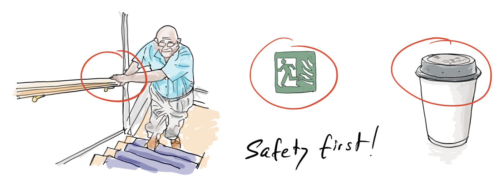 Illustration showing three H&S scenarios labelled “Safety first!” — a worker on a roof, an emergency exit sign, and a takeaway coffee cup with a lid