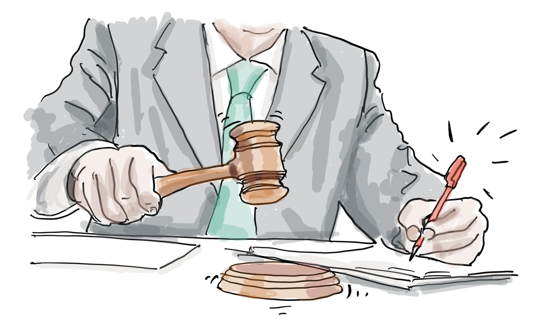 Illustration of a suited figure banging a gavel and writing simultaneously — representing the legal department drafting policies in legalese