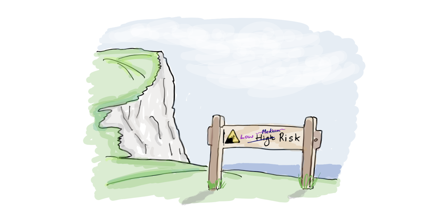 Illustration of a coastal cliff with a sign reading “Medium / High Risk” — representing the challenge of communicating and calibrating risk appetite across different contexts
