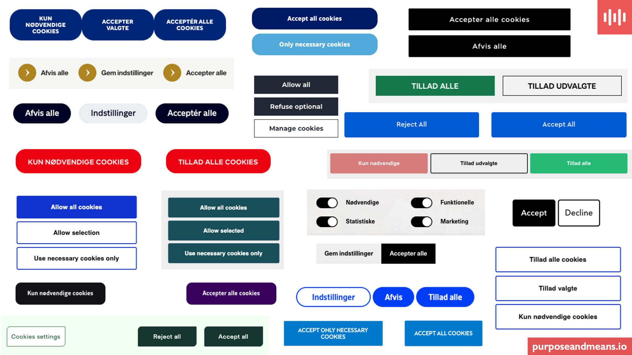 A collage of cookie banners from various websites, showing dark pattern techniques including colour-highlighted accept buttons, hidden reject options, and misleading button placement