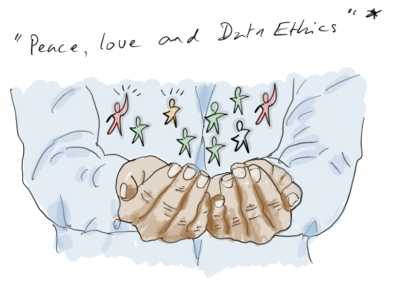 Illustration with handwritten text “Peace, love and Data Ethics” above hands cradling small figures representing people — the slogan borrowed from dataethics.eu