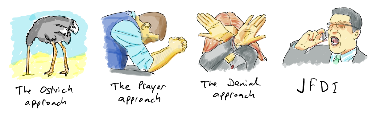 Four-panel illustration showing The Ostrich approach, The Prayer approach, The Denial approach, and JFDI