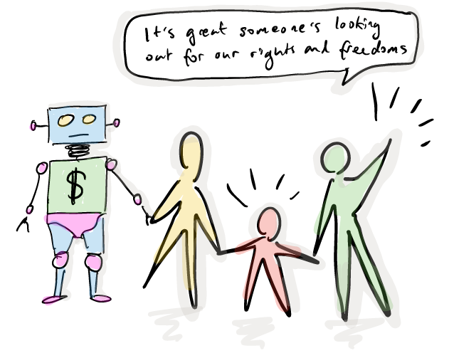 Illustration of a robot holding hands with three human figures, with a speech bubble saying “It’s great someone’s looking out for our rights and freedoms” — representing the ethics-based approach to data protection