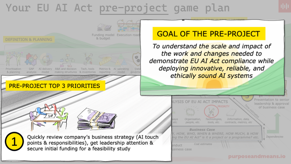 Detail from the pre-project game plan showing Priority 1: securing leadership attention and initial funding