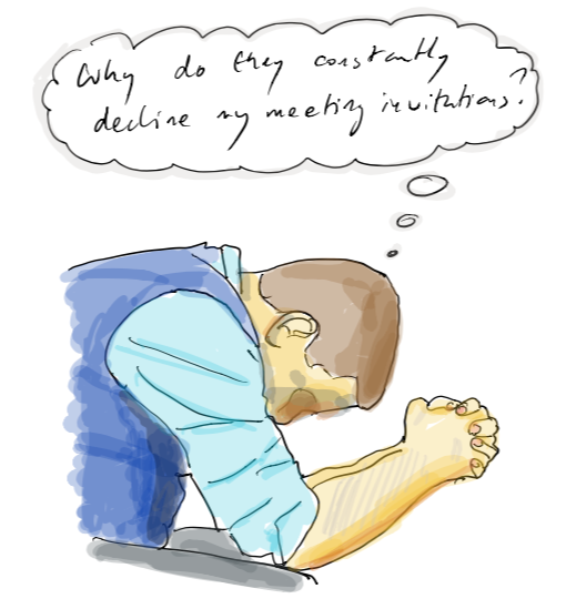 Illustration of a figure curled up asleep with a thought bubble: “Why do they constantly decline my meeting invitations?” — representing the frustration of stakeholders who refuse to engage