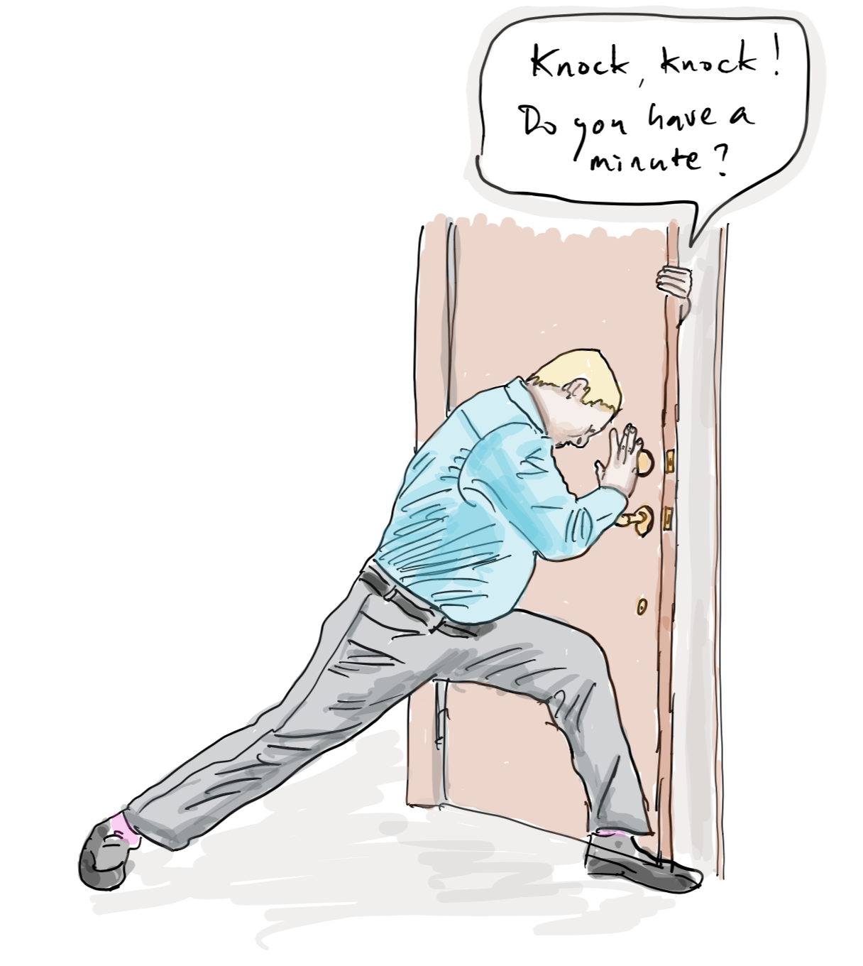 Illustration of a figure pressing their ear against a closed door, with a speech bubble saying “Knock, knock! Do you have a minute?” — representing the challenge of accessing senior stakeholders