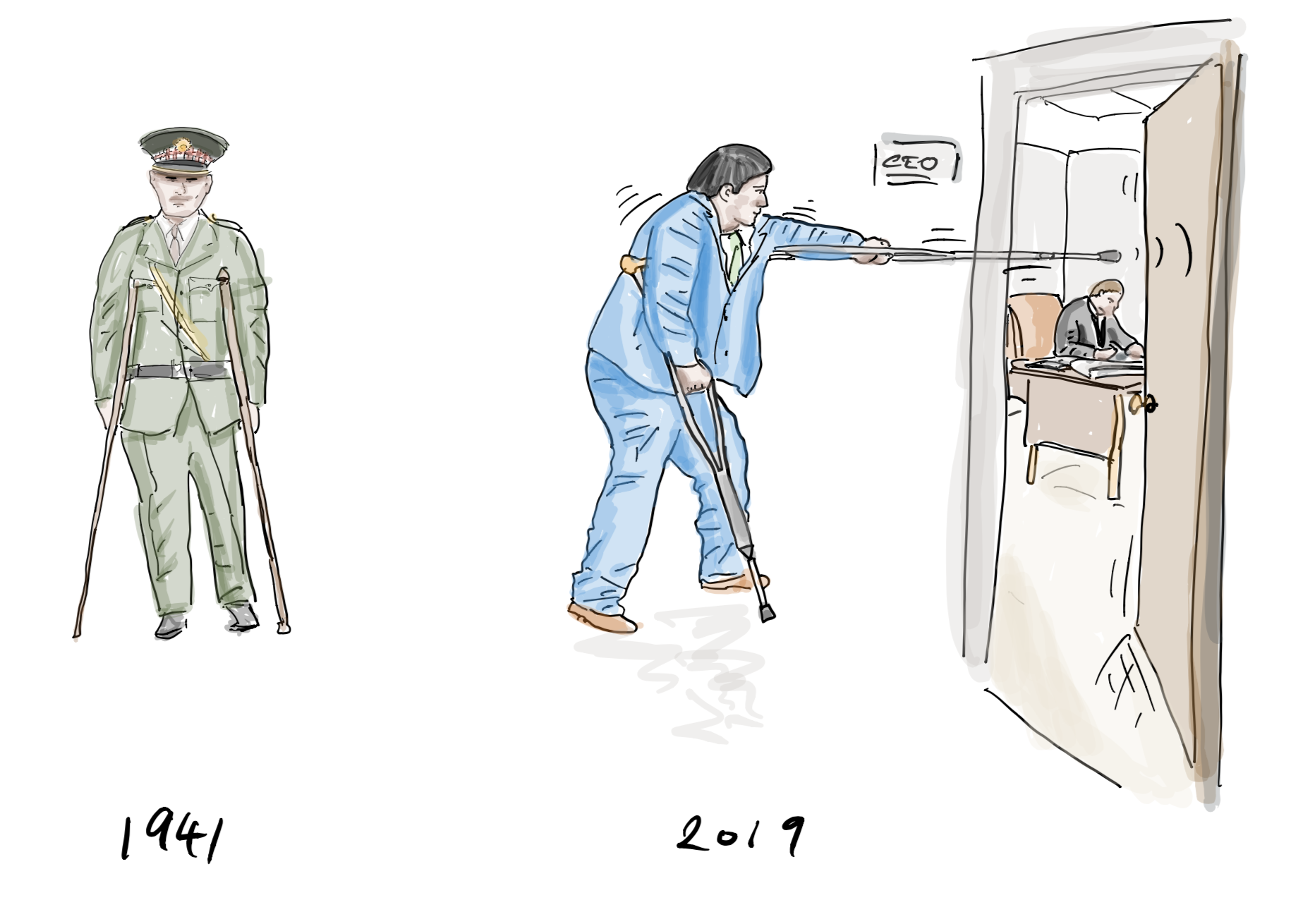 Two-panel illustration labelled “1941” and “2019” — on the left, a uniformed officer on crutches; on the right, a figure on crutches forcing their way into an executive’s office — drawing a parallel between Stirling’s audacity and modern data protection leadership