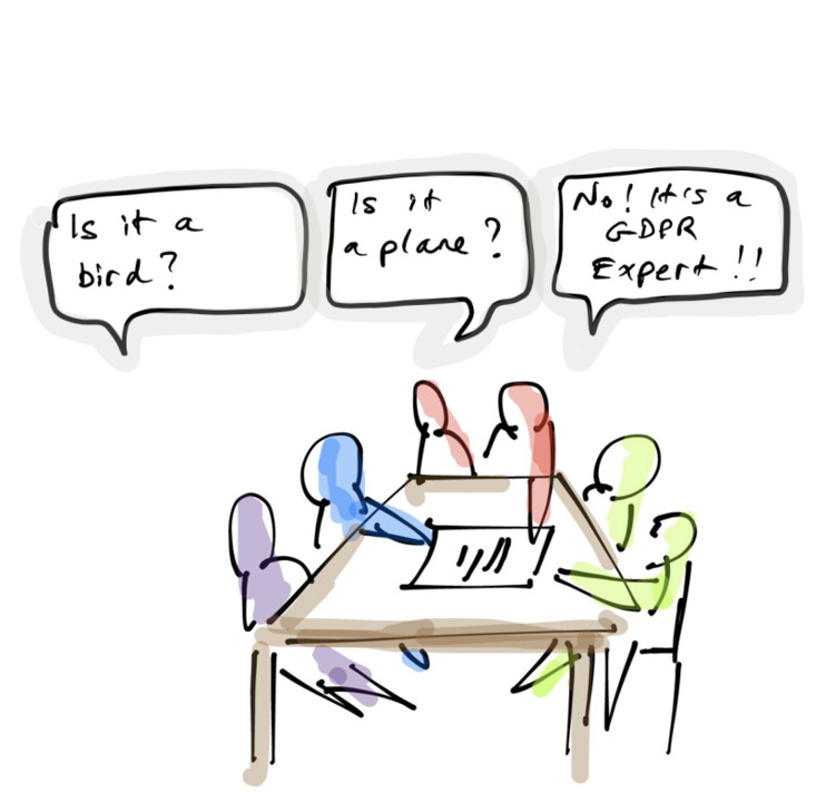 Cartoon showing people asking “Is it a bird? Is it a plane? No! It’s a GDPR Expert!!” — illustrating the debate around GDPR expertise