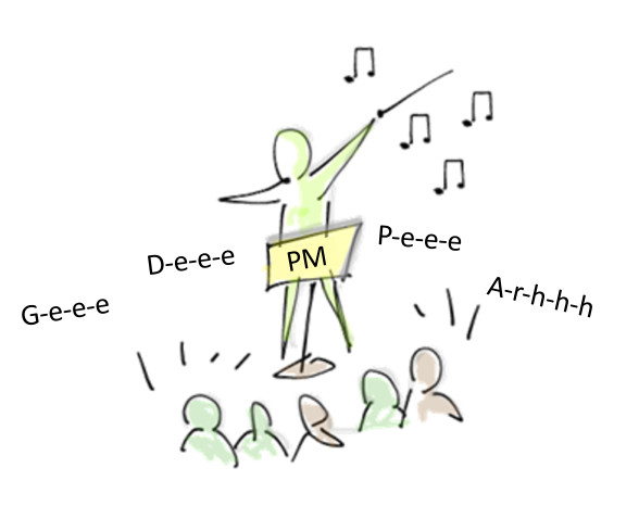 Illustration of a project manager conducting a team — representing the PM role in orchestrating a GDPR programme