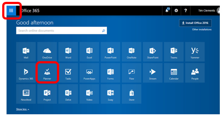 Screenshot of the Office 365 application launcher with Planner highlighted