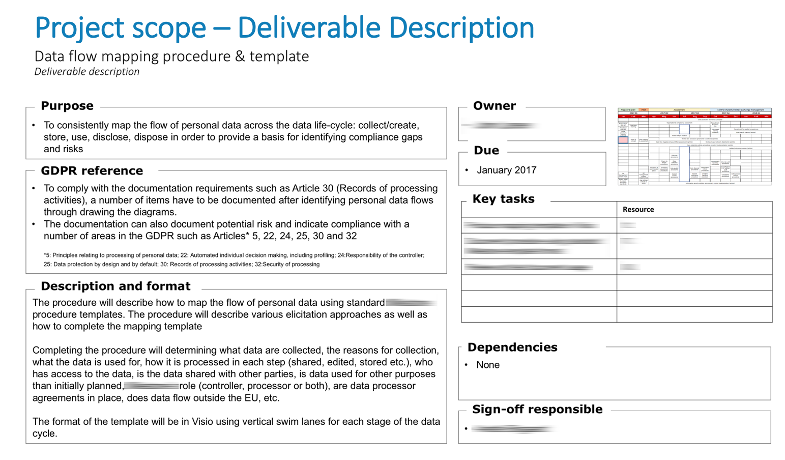 Example Deliverable Description for a data flow mapping procedure, showing purpose, GDPR reference, and description and format sections