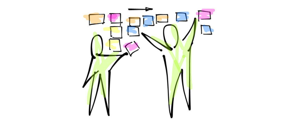 Illustration of two figures coordinating colourful task cards — representing visual task management in a GDPR assessment team