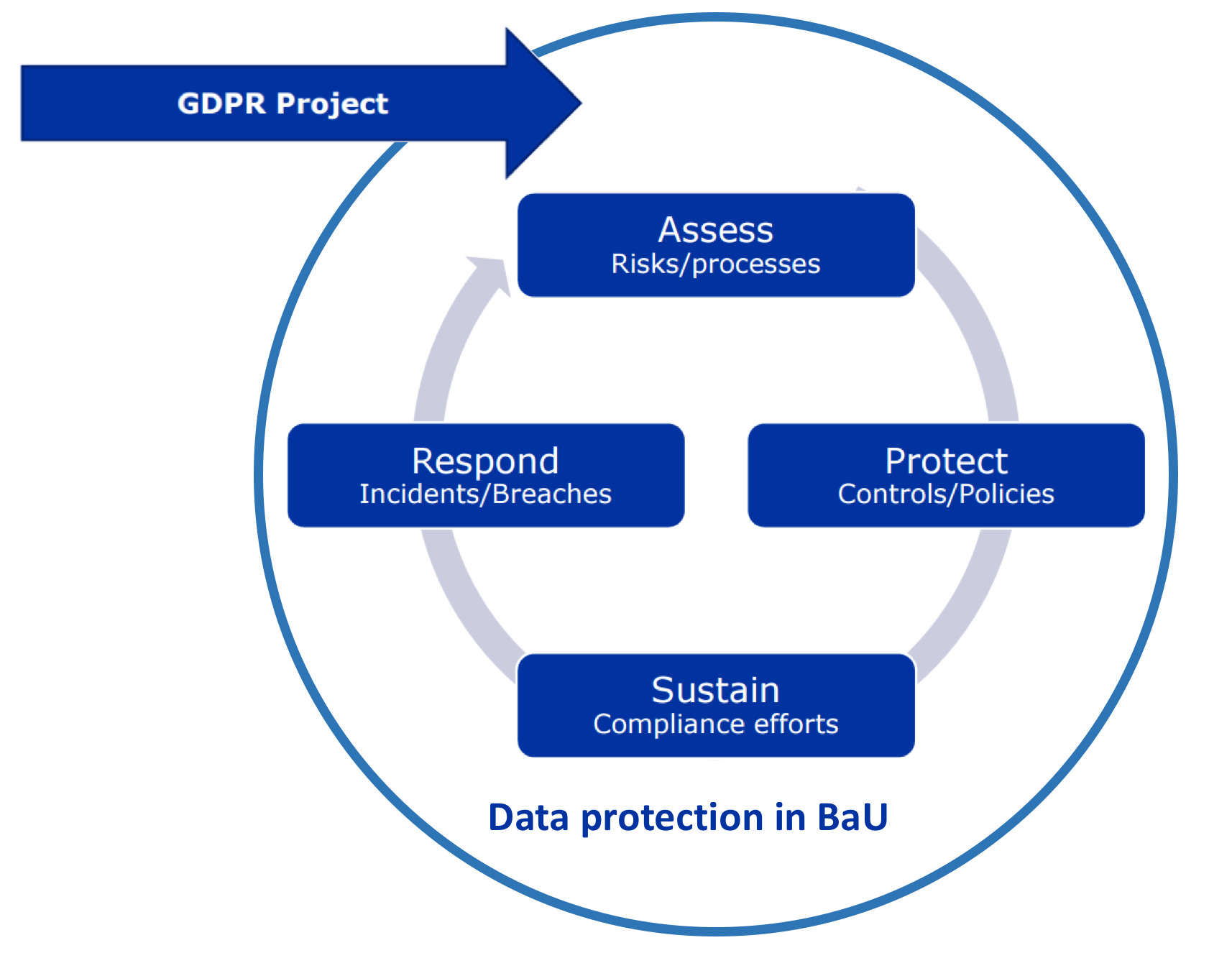 Data Protection in BaU: circular lifecycle diagram showing Assess, Protect, Sustain and Respond
