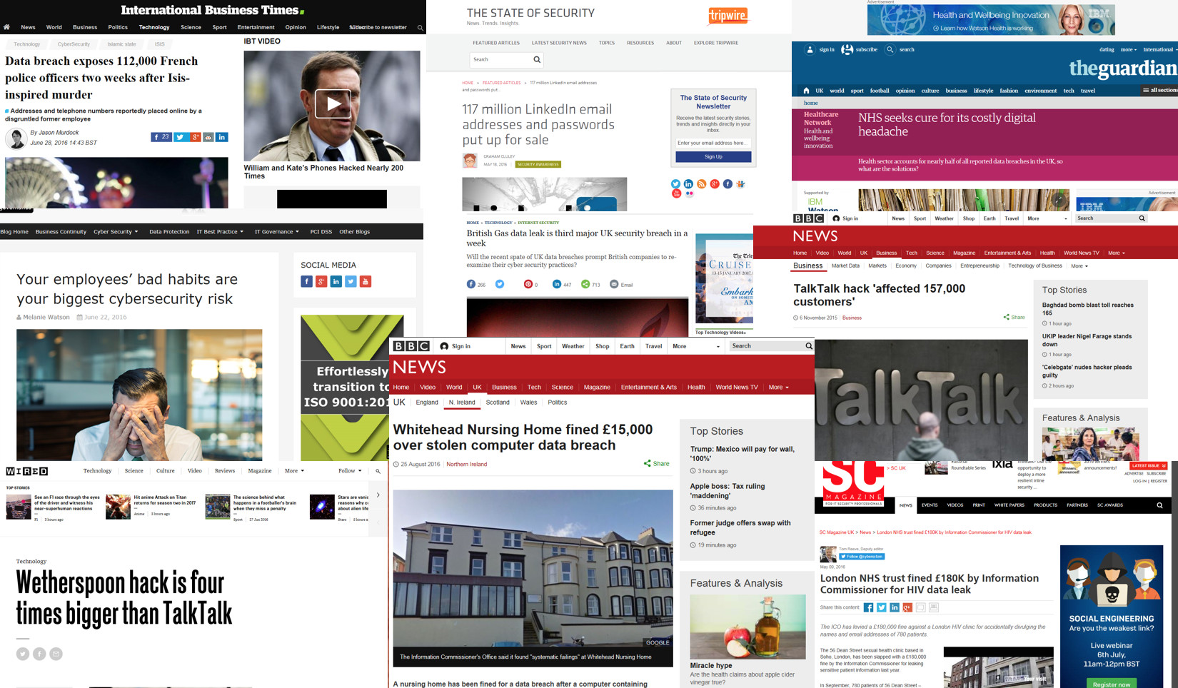 A collage of data breach news headlines