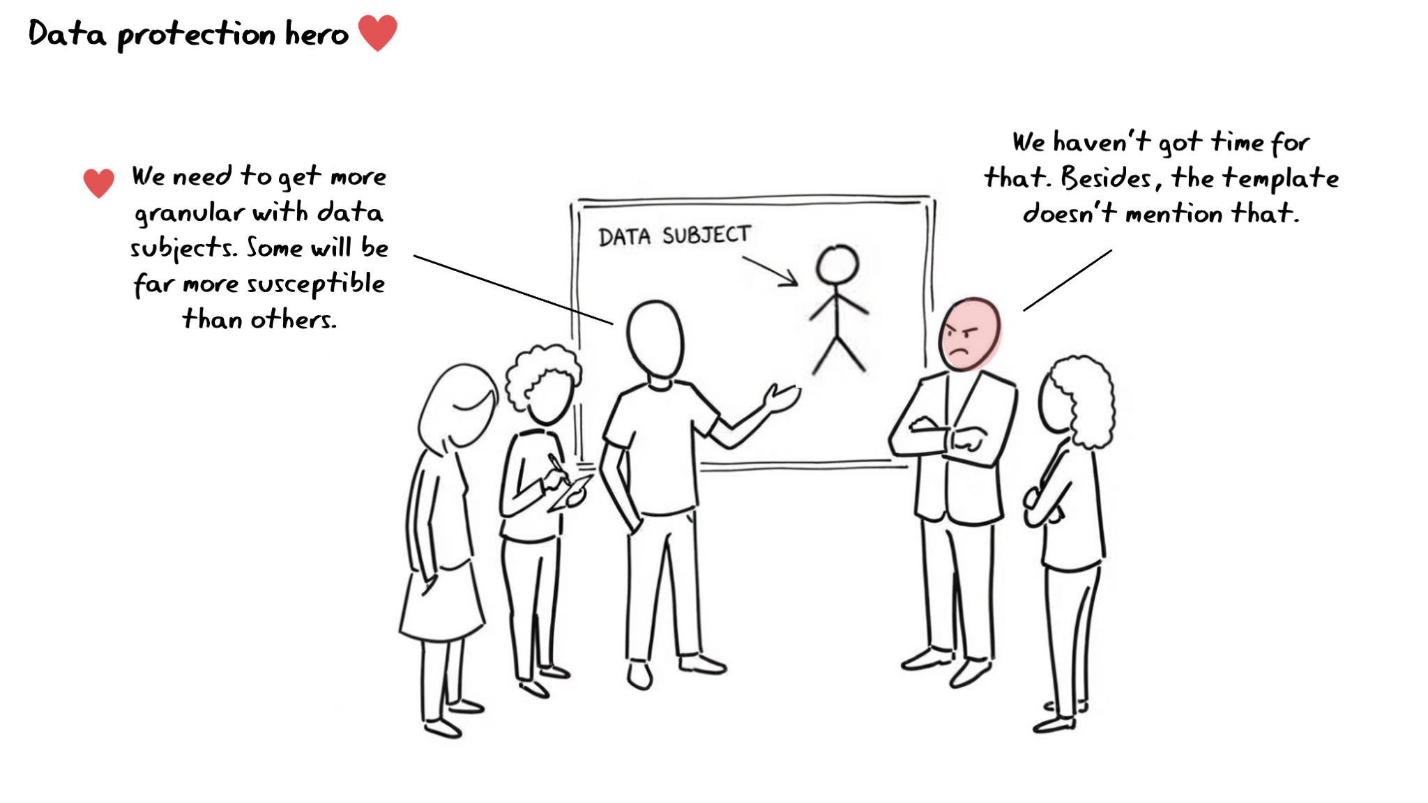 Data Protection Hero cartoon — stand-up meeting. The Data Protection Hero says: We need to get more granular with data subjects. Some will be far more susceptible than others. A colleague, arms crossed, replies: We haven’t got time for that. It’s too complicated.