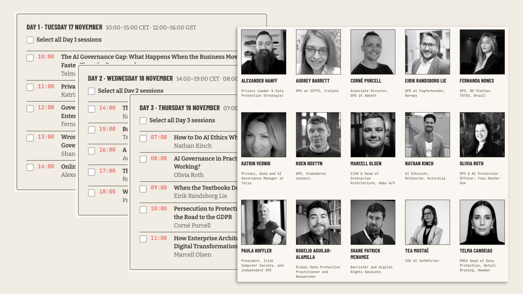 Field Talk 2026 registration page showing the three-day programme and speaker grid