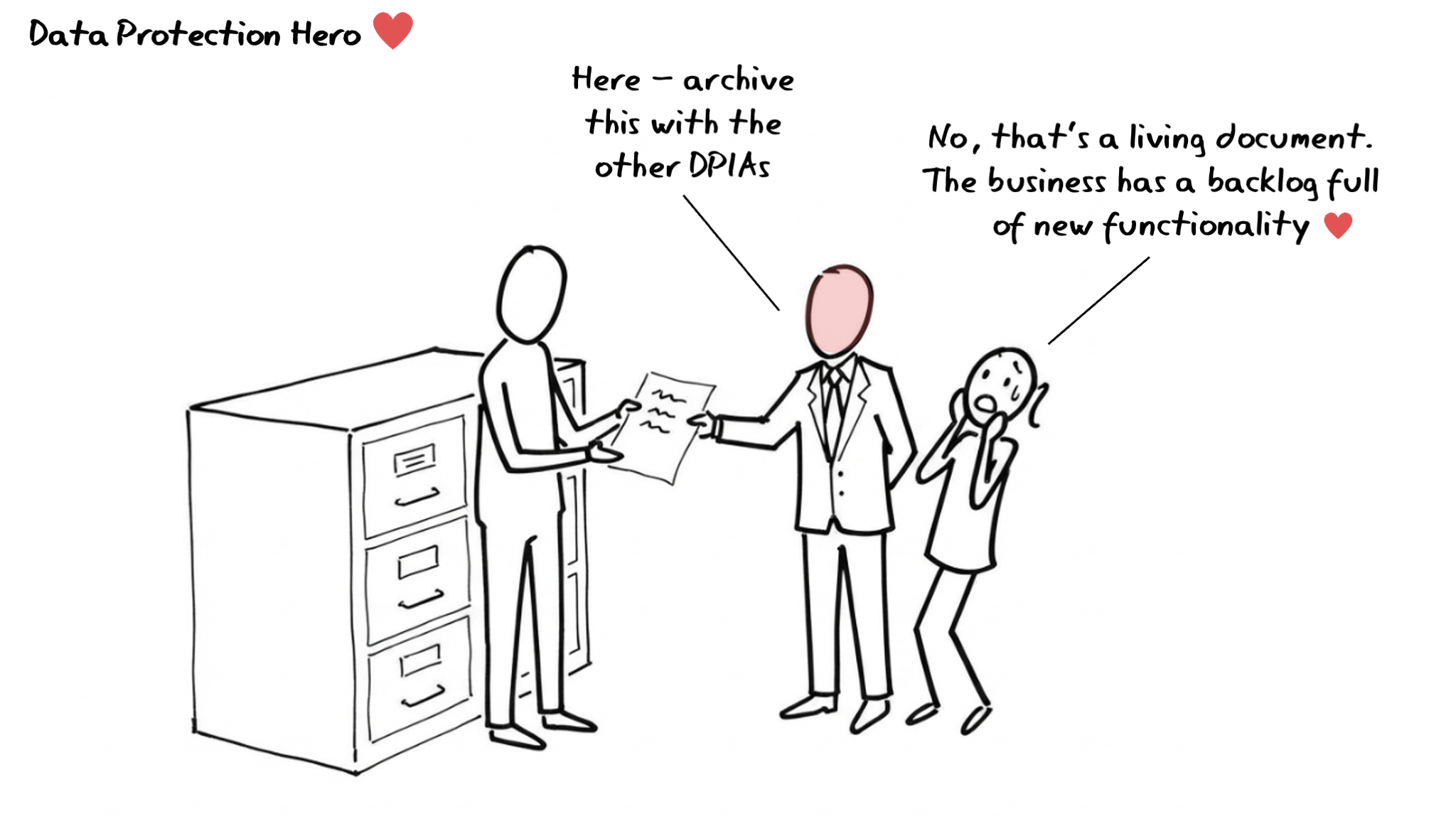 Data Protection Hero cartoon - a lawyer hands a completed DPIA to an archivist in a dusty filing room. The data protection hero intervenes: &ldquo;Hang on. What is the review date on that? There is not one? Then it is not finished.&rdquo;