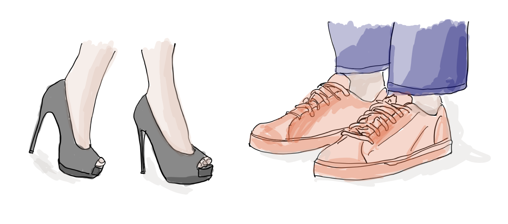 Illustration of high heels and trainers side by side, representing contrasting workplace cultures