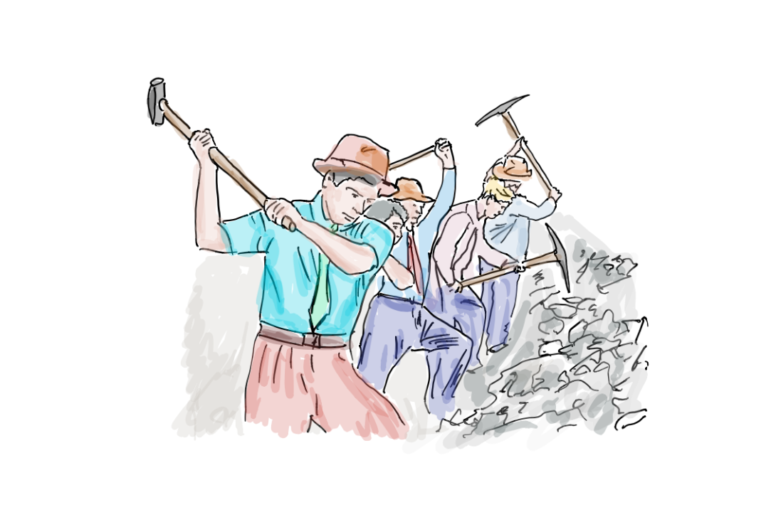 Illustration of two people smashing rocks with large hammers