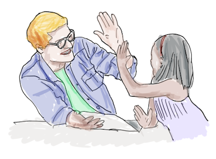 Illustration of two people giving each other a high five across a table, representing team engagement and shared purpose
