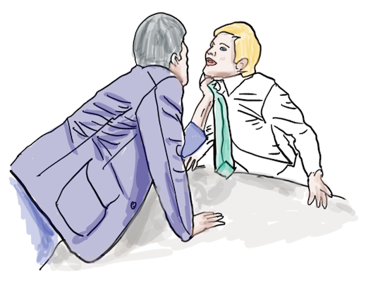 Illustration of a confrontational interaction between two people, representing a customer’s experience of a threatening privacy notice