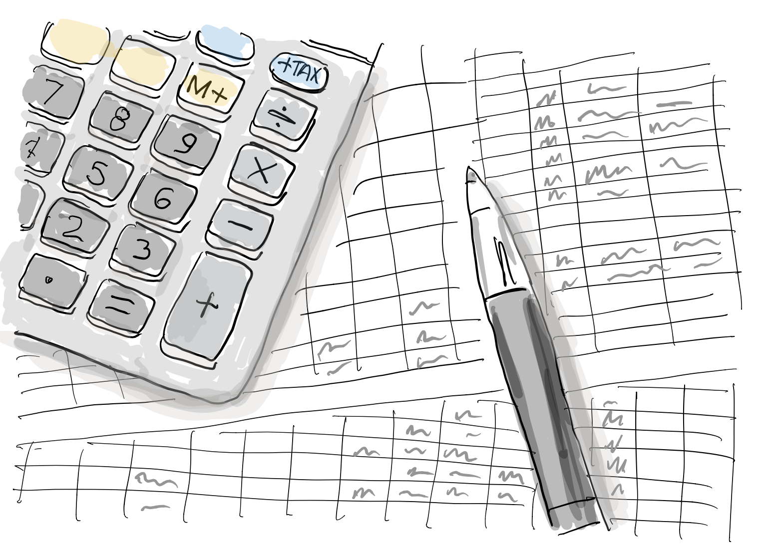 Illustration of a calculator and spreadsheet, representing financial planning for a tool investment