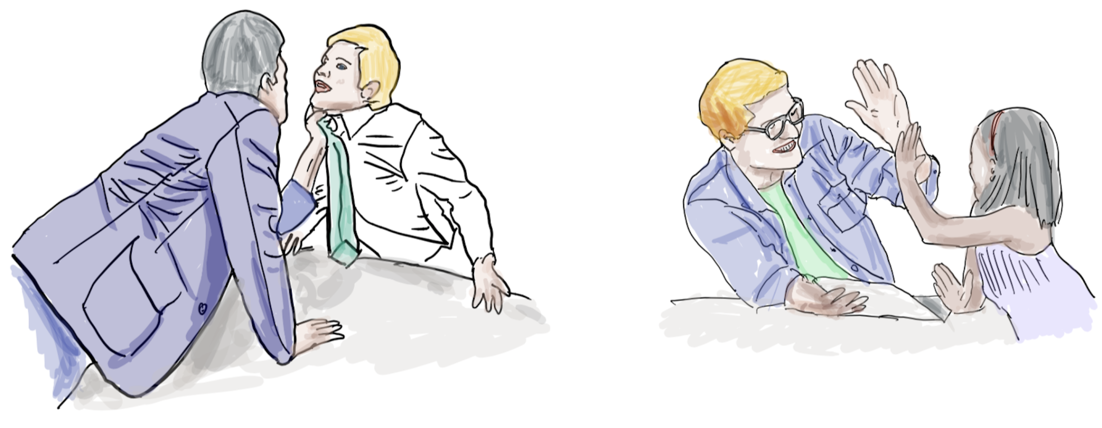 Illustration of two contrasting vendor interactions — one confrontational, one collaborative and engaged