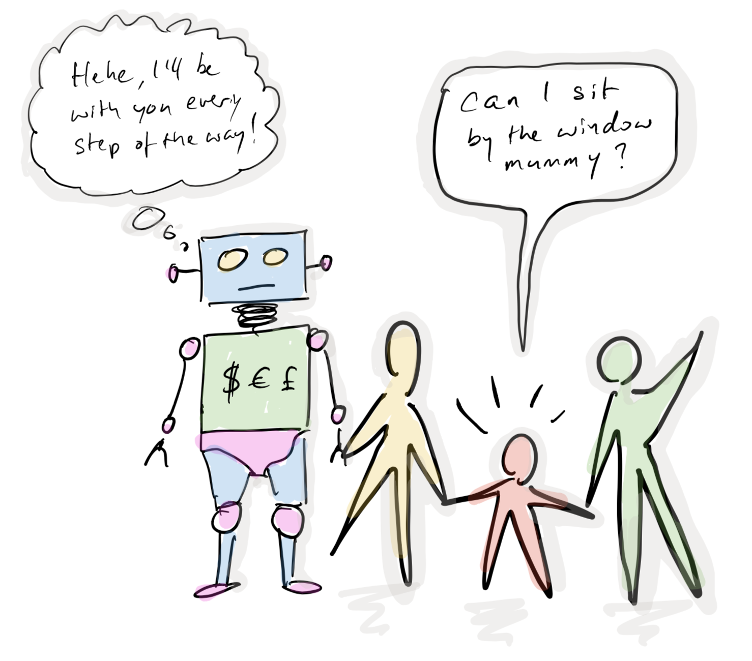 Illustration of a robot standing next to a family — child asking “Can I sit by the window mummy?” while the robot says “Hehe, I’ll be with you every step of the way!” — illustrating algorithmic manipulation of seating