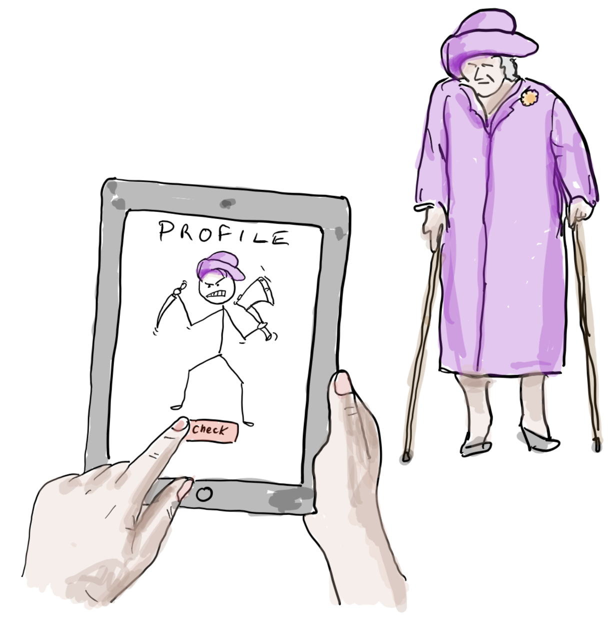 Illustration of a hand holding a tablet displaying a stick figure profile being assessed, alongside an elderly woman with a walking stick — representing automated profiling of individuals based on social media