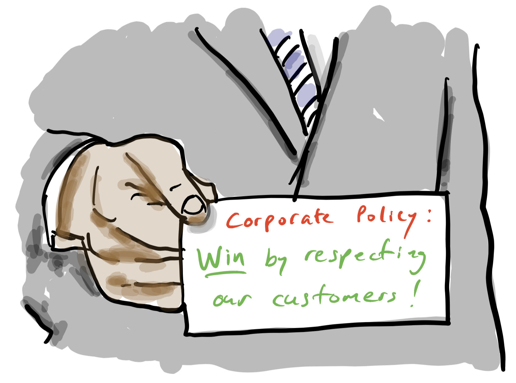 Illustration of a figure holding a sign reading “Corporate Policy: Win by respecting our customers!” — representing the ambition to embed respect as a business objective, not just a compliance requirement