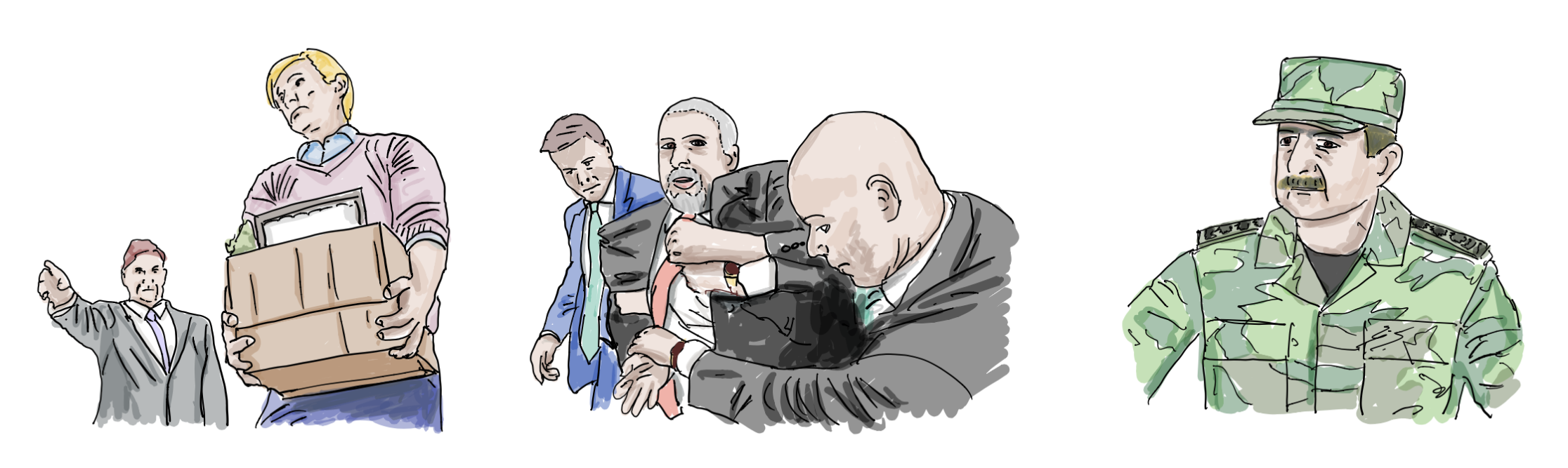 Illustration of three figures representing different threat scenarios for employees in high-risk jurisdictions — a dismissed employee, a detained person, and an authority figure