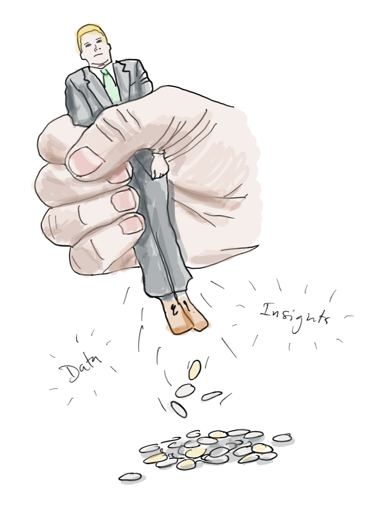 Illustration of a giant hand squeezing a suited figure, with coins and the words “Data” and “Insights” spilling out — representing the extraction of value from individuals’ data at the expense of their rights