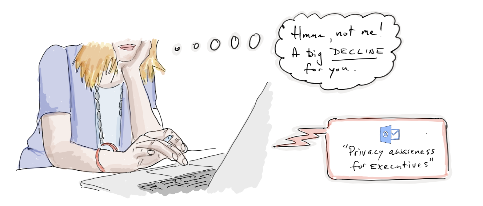 Illustration of a person at a laptop declining a calendar invite for “Privacy awareness for executives” with a thought bubble: “Hmm, not me! A big DECLINE for you.”