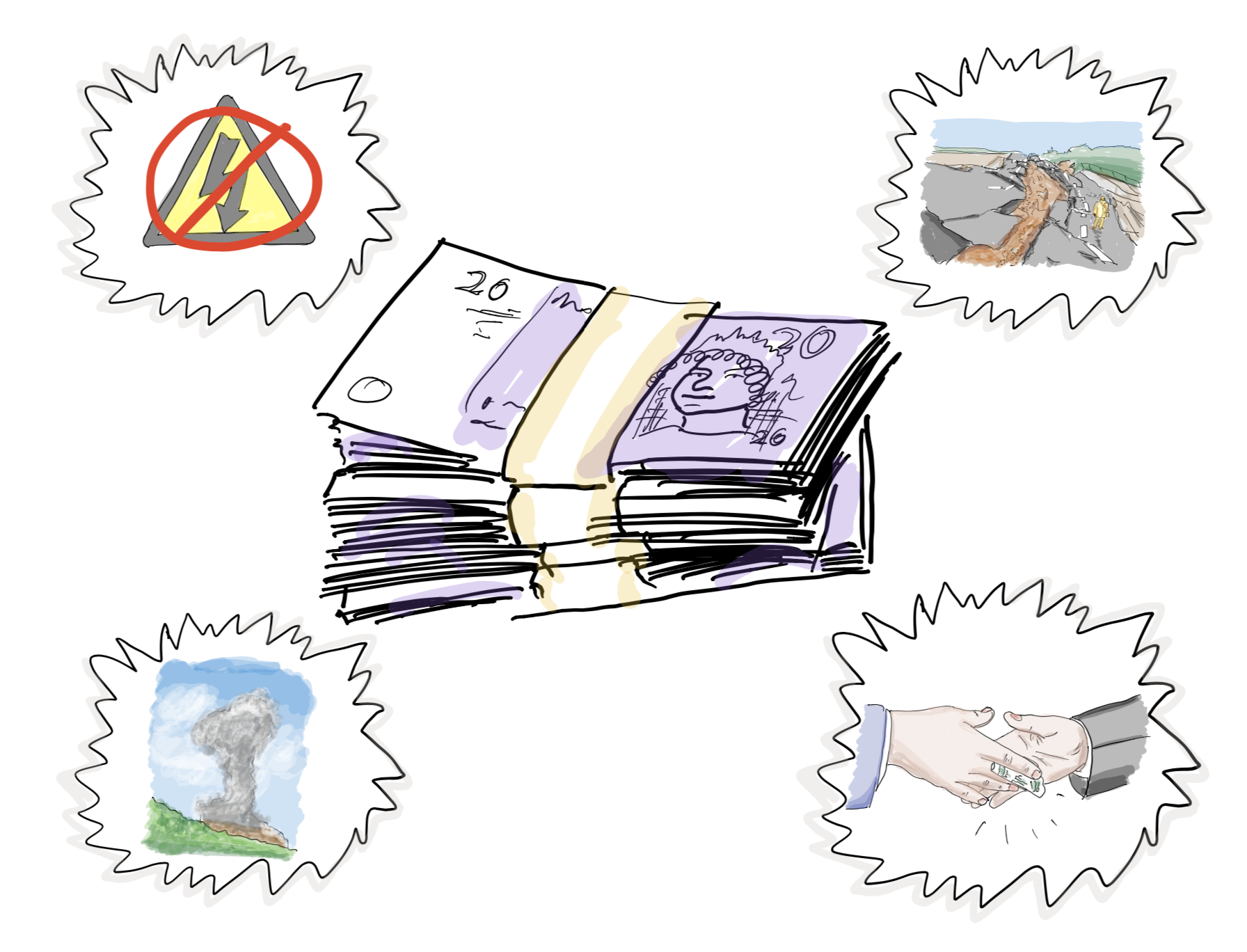 Illustration of a wad of currency banknotes with disaster scenario images