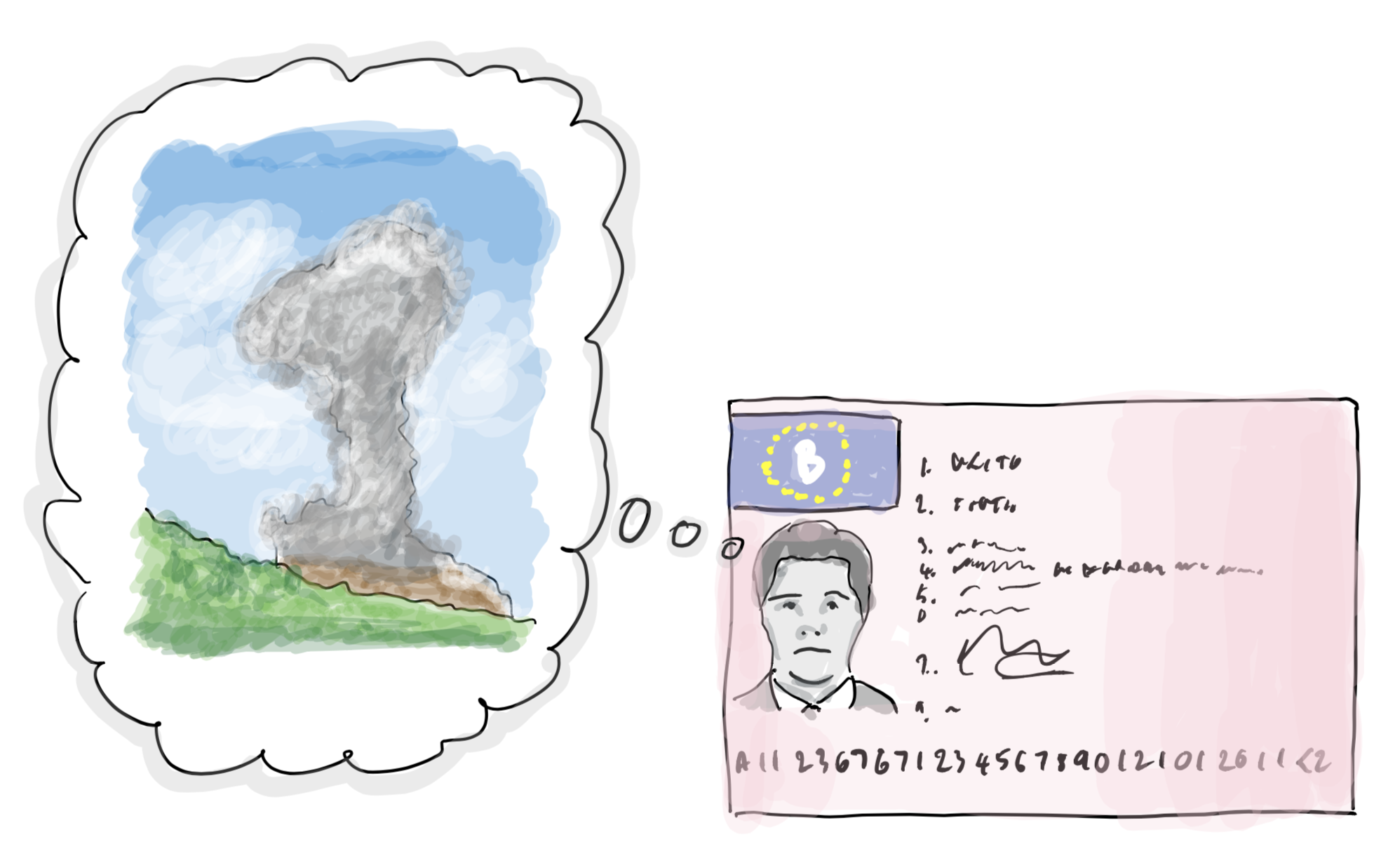 Illustration of a volcano erupting and a driving licence document