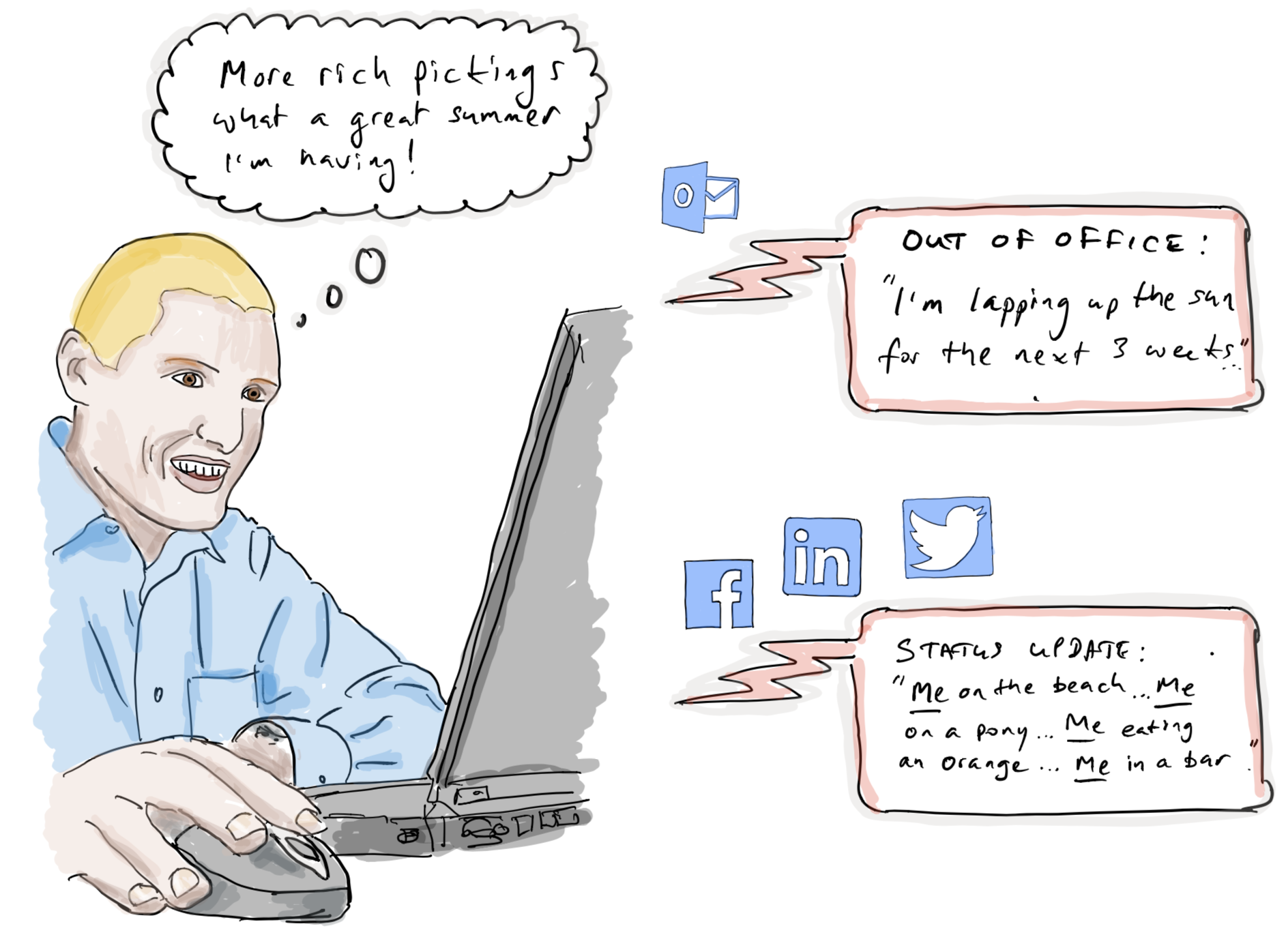 Illustration of a person at a laptop with out-of-office and social media notifications visible