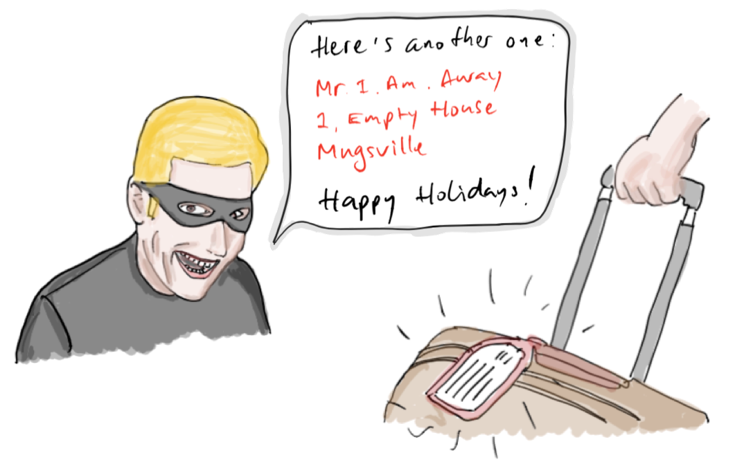 Illustration of a burglar reading a luggage tag showing a home address