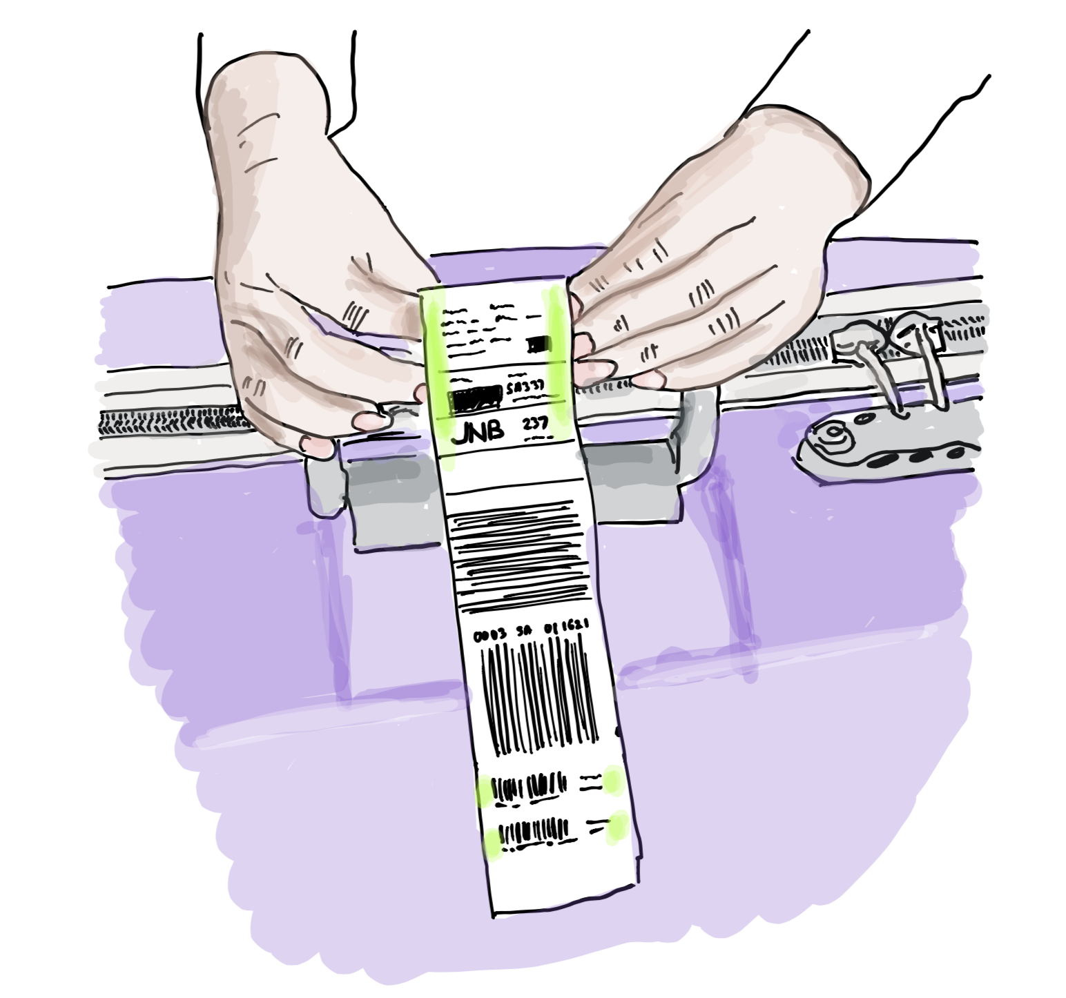 Illustration of hands removing a barcode baggage tag from a suitcase
