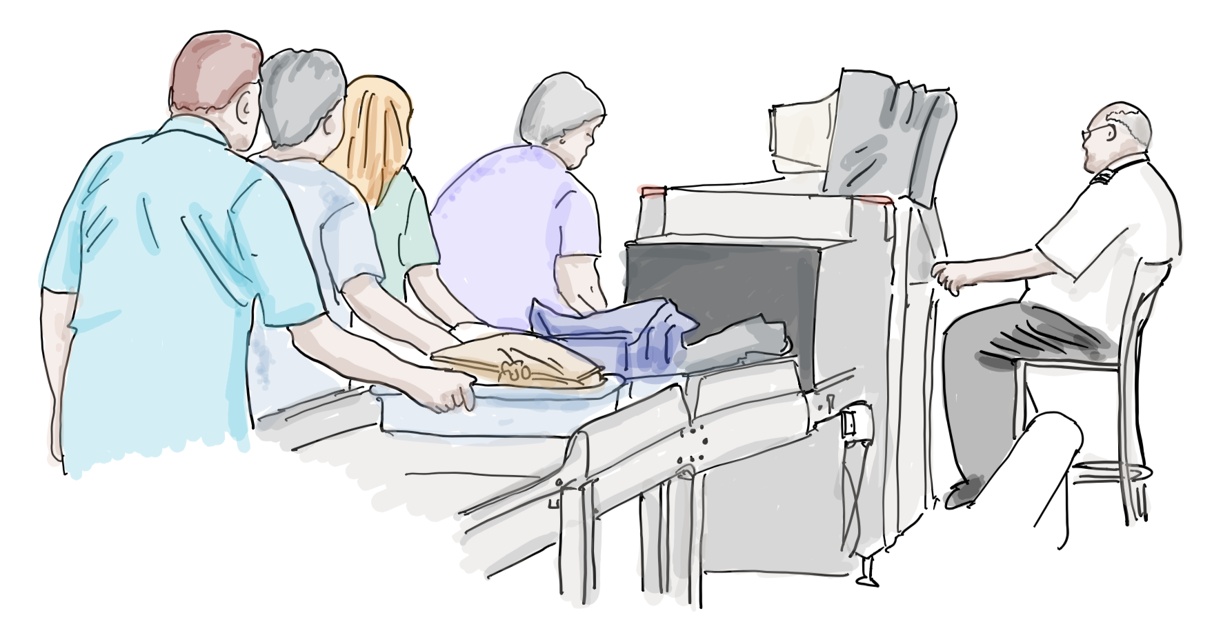 Illustration of travellers at an airport security scanner