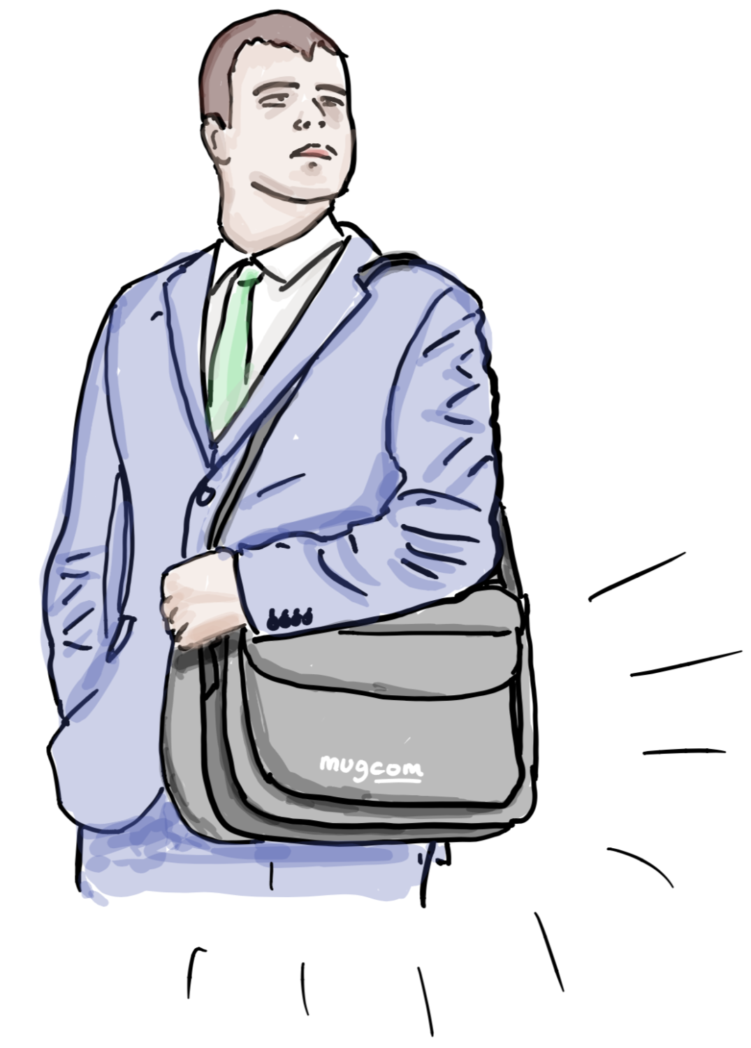 Illustration of a businessman carrying a conspicuously branded laptop bag