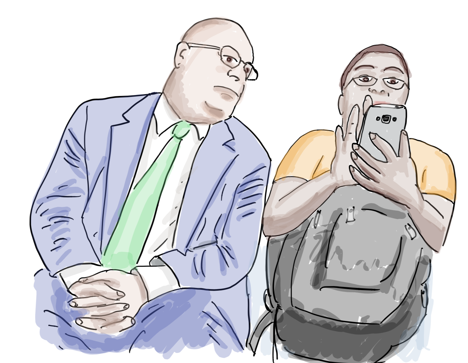 Illustration of a person on a train reading a phone while a nearby passenger attempts to view the screen