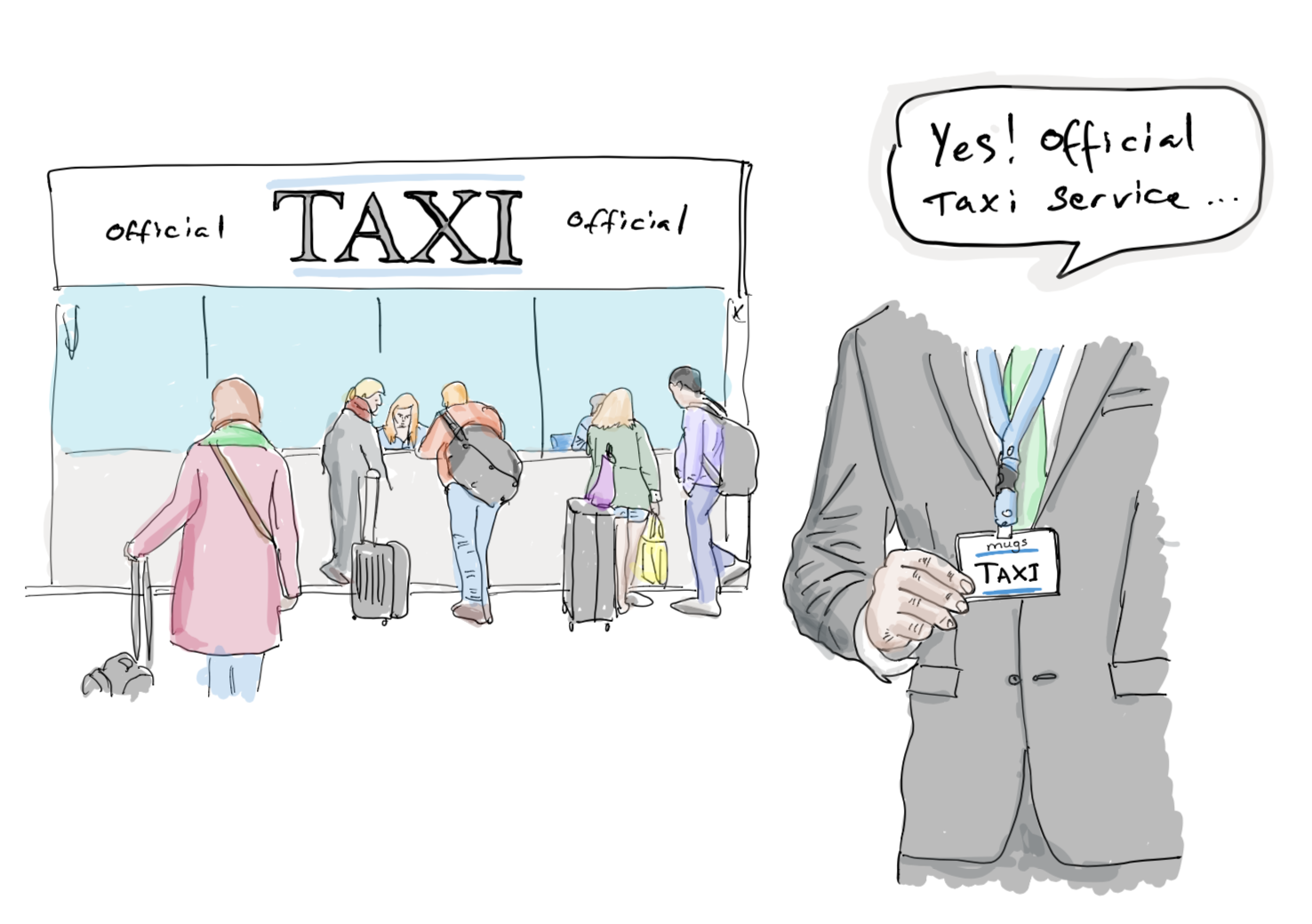 Illustration of a taxi queue at an airport alongside a person impersonating a taxi driver