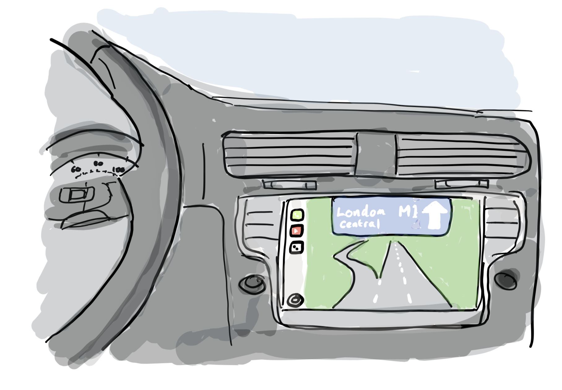 Illustration of a car dashboard with a built-in sat nav