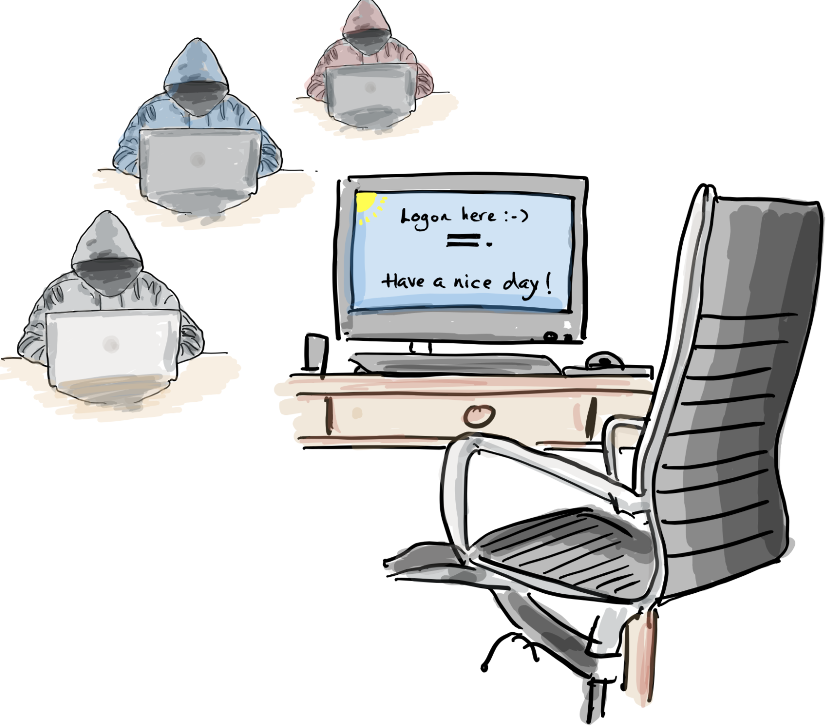 Illustration of hooded figures at laptops surrounding a hotel lobby computer terminal