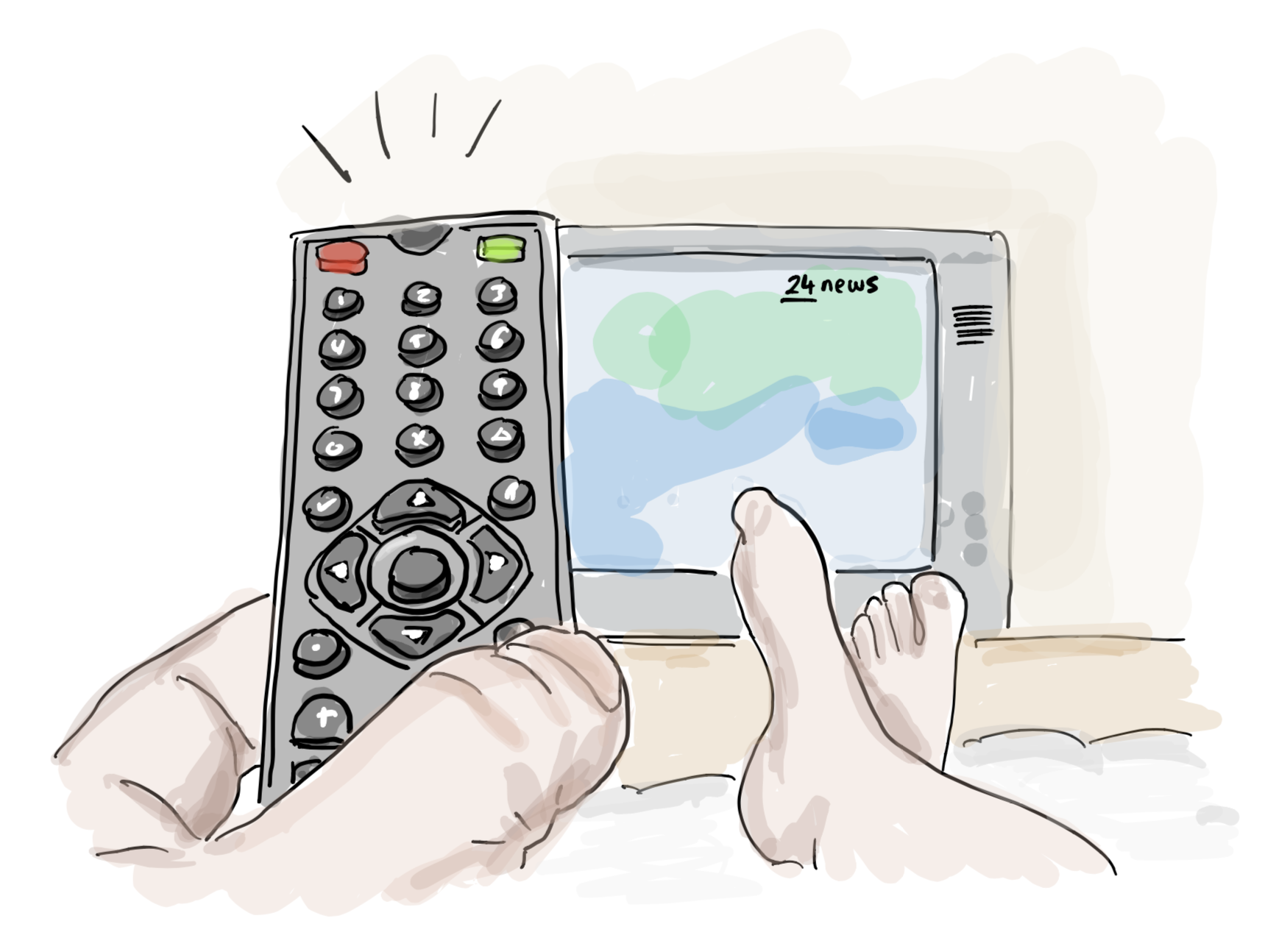 Illustration of a hotel TV remote control and television set