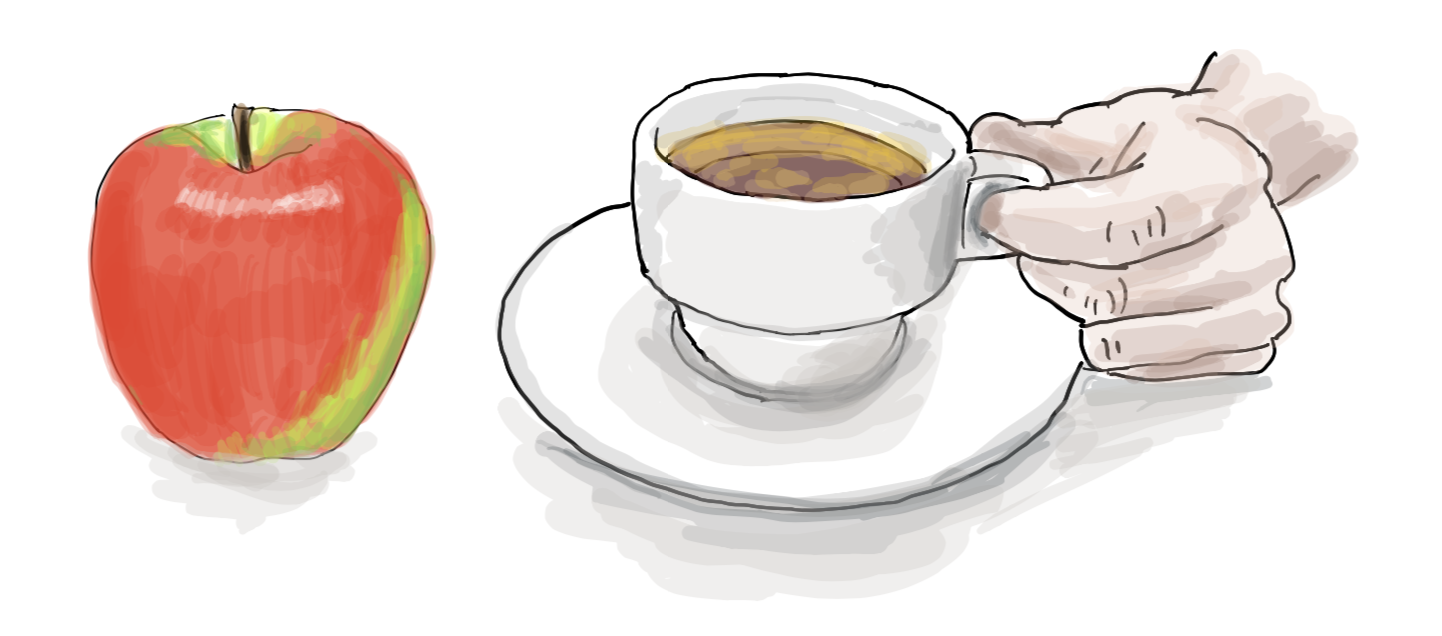 Illustration of an apple and a cup of coffee at an airport